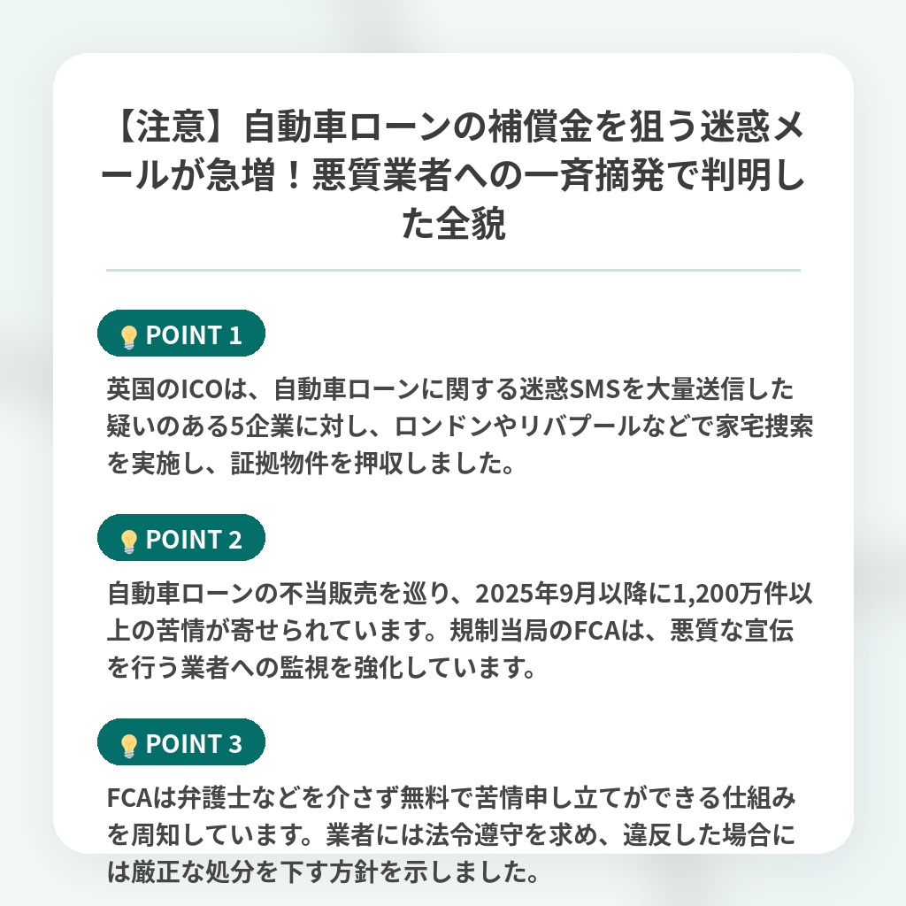 【注意】自動車ローンの補償金を狙う迷惑メールが急増!悪質業者への一斉摘発で判明した全貌の注目ポイントまとめ