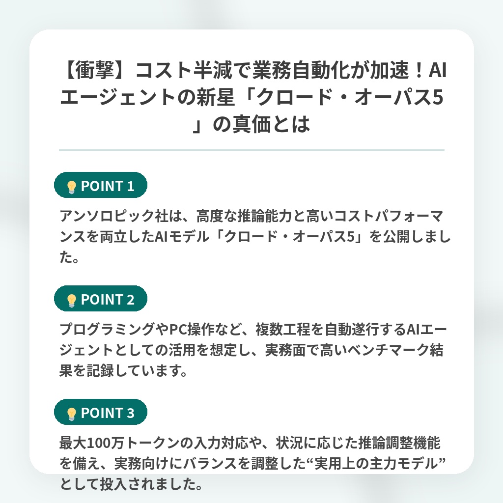 【衝撃】コスト半減で業務自動化が加速！AIエージェントの新星「クロード・オーパス5」の真価とはの注目ポイントまとめ