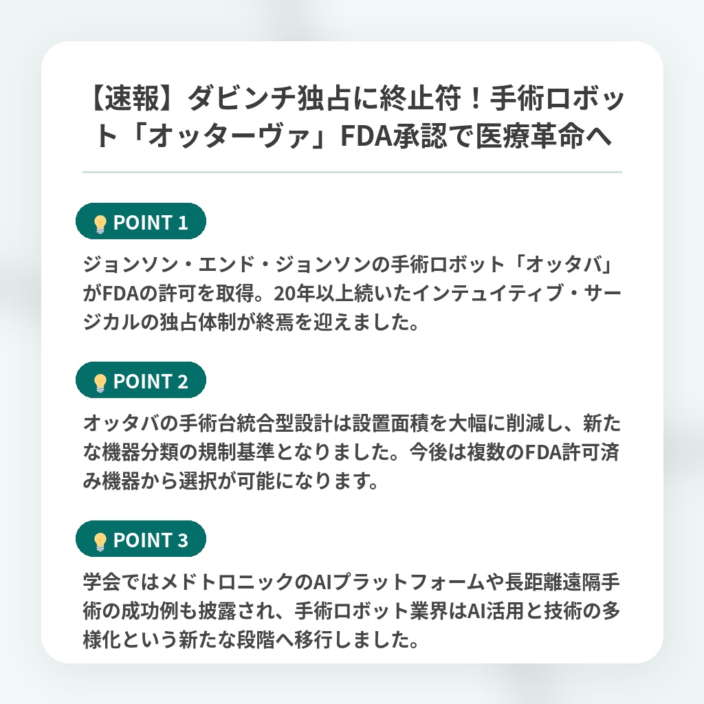 【速報】ダビンチ独占に終止符!手術ロボット「オッターヴァ」FDA承認で医療革命への注目ポイントまとめ