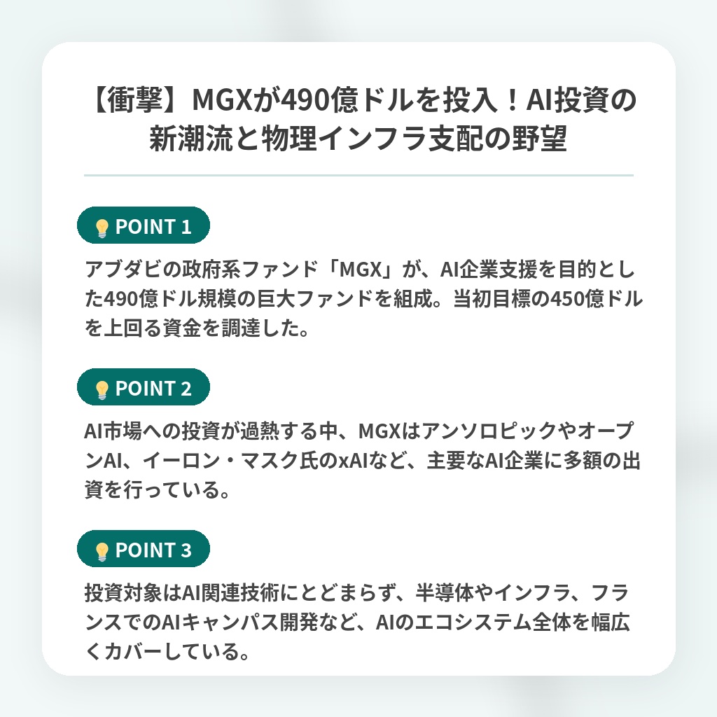 【衝撃】MGXが490億ドルを投入!AI投資の新潮流と物理インフラ支配の野望の注目ポイントまとめ
