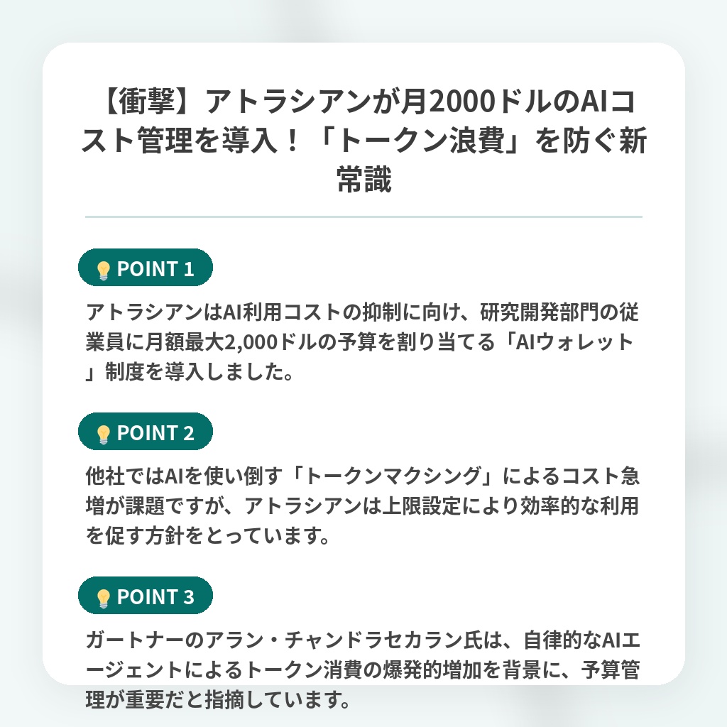 【衝撃】アトラシアンが月2000ドルのAIコスト管理を導入！「トークン浪費」を防ぐ新常識の注目ポイントまとめ