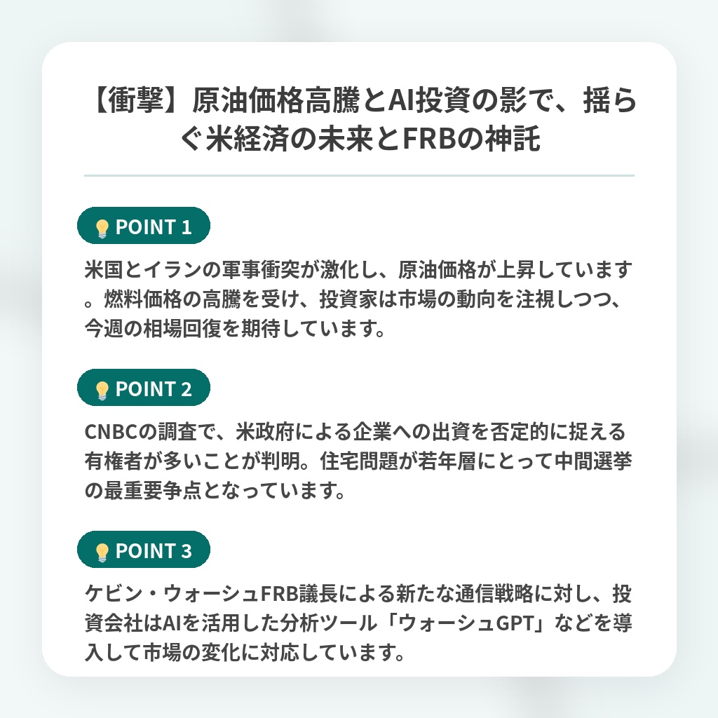 【衝撃】原油価格高騰とAI投資の影で、揺らぐ米経済の未来とFRBの神託の注目ポイントまとめ