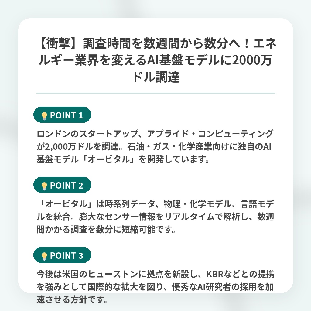 【衝撃】調査時間を数週間から数分へ!エネルギー業界を変えるAI基盤モデルに2000万ドル調達の注目ポイントまとめ