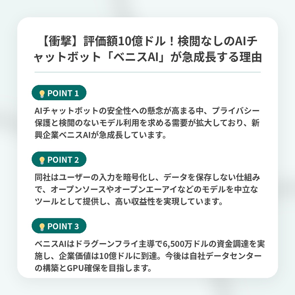 【衝撃】評価額10億ドル!検閲なしのAIチャットボット「ベニスAI」が急成長する理由の注目ポイントまとめ