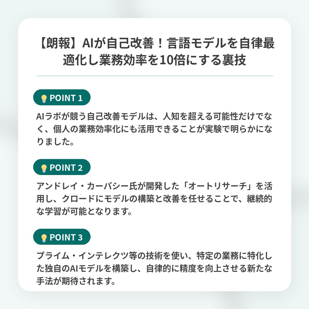 【朗報】AIが自己改善!言語モデルを自律最適化し業務効率を10倍にする裏技の注目ポイントまとめ
