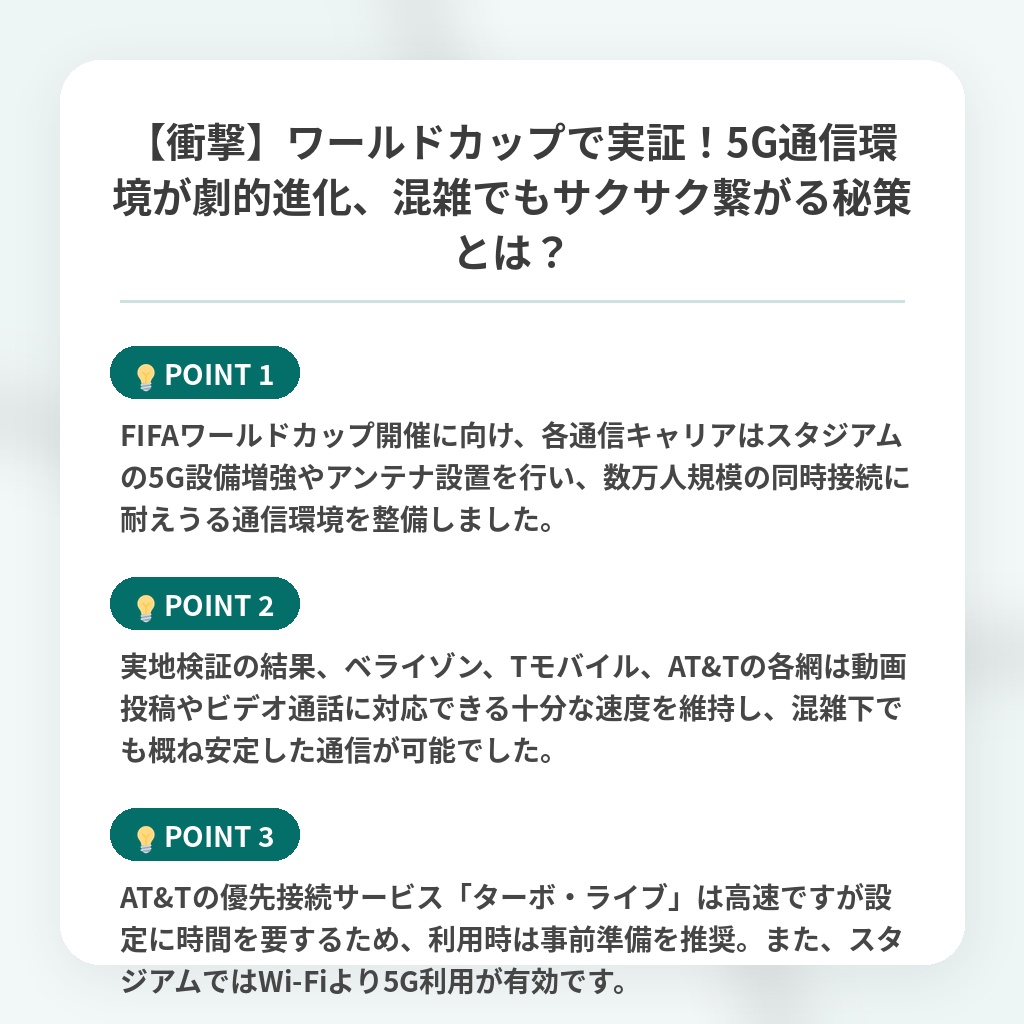 【衝撃】ワールドカップで実証!5G通信環境が劇的進化、混雑でもサクサク繋がる秘策とは?の注目ポイントまとめ