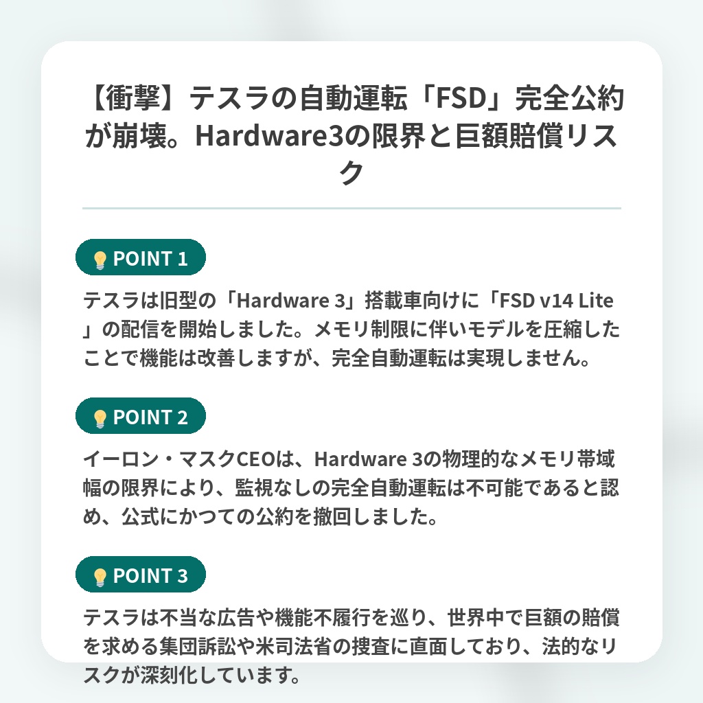 【衝撃】テスラの自動運転「FSD」完全公約が崩壊。Hardware3の限界と巨額賠償リスクの注目ポイントまとめ