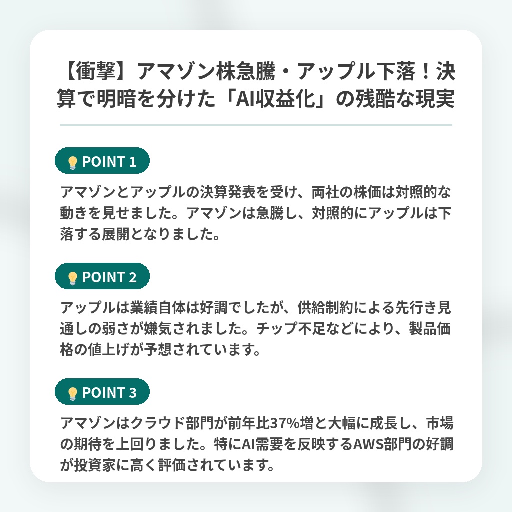 【衝撃】アマゾン株急騰・アップル下落！決算で明暗を分けた「AI収益化」の残酷な現実の注目ポイントまとめ