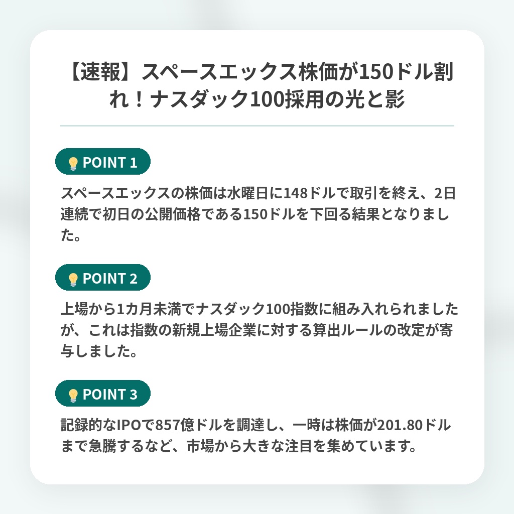 【速報】スペースエックス株価が150ドル割れ!ナスダック100採用の光と影の注目ポイントまとめ