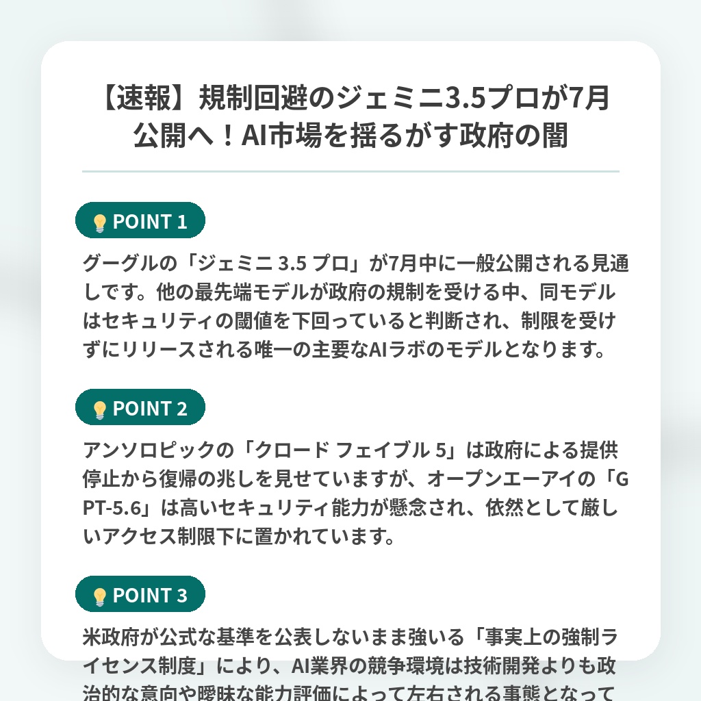 【速報】規制回避のジェミニ3.5プロが7月公開へ！AI市場を揺るがす政府の闇の注目ポイントまとめ