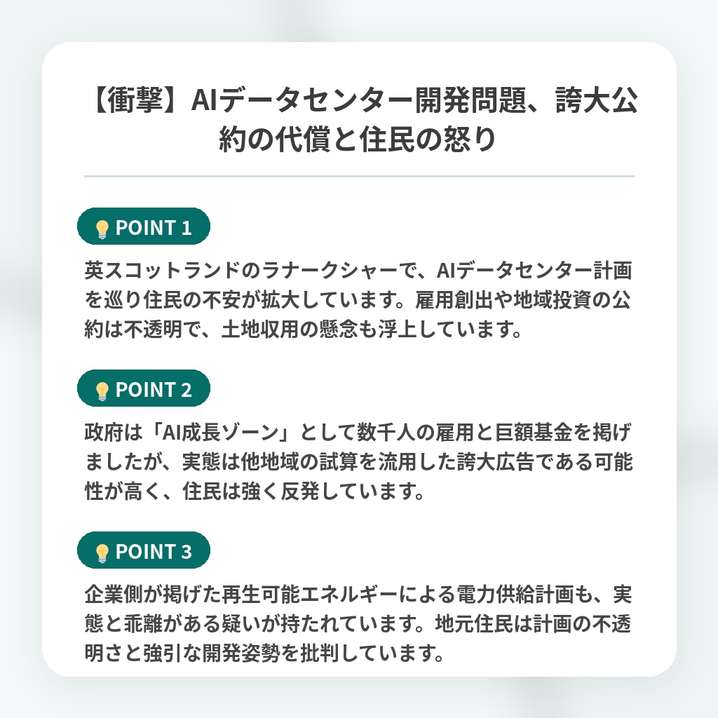 【衝撃】AIデータセンター開発問題、誇大公約の代償と住民の怒りの注目ポイントまとめ
