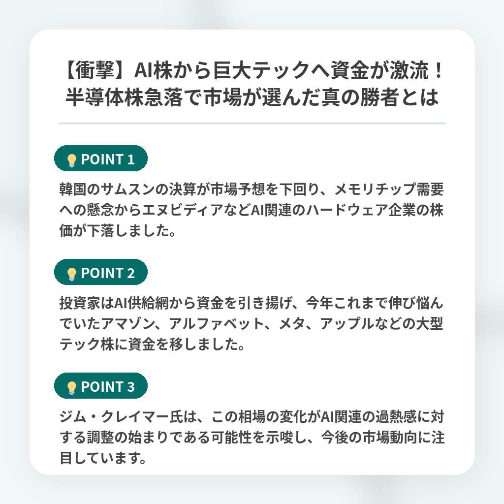 【衝撃】AI株から巨大テックへ資金が激流!半導体株急落で市場が選んだ真の勝者とはの注目ポイントまとめ
