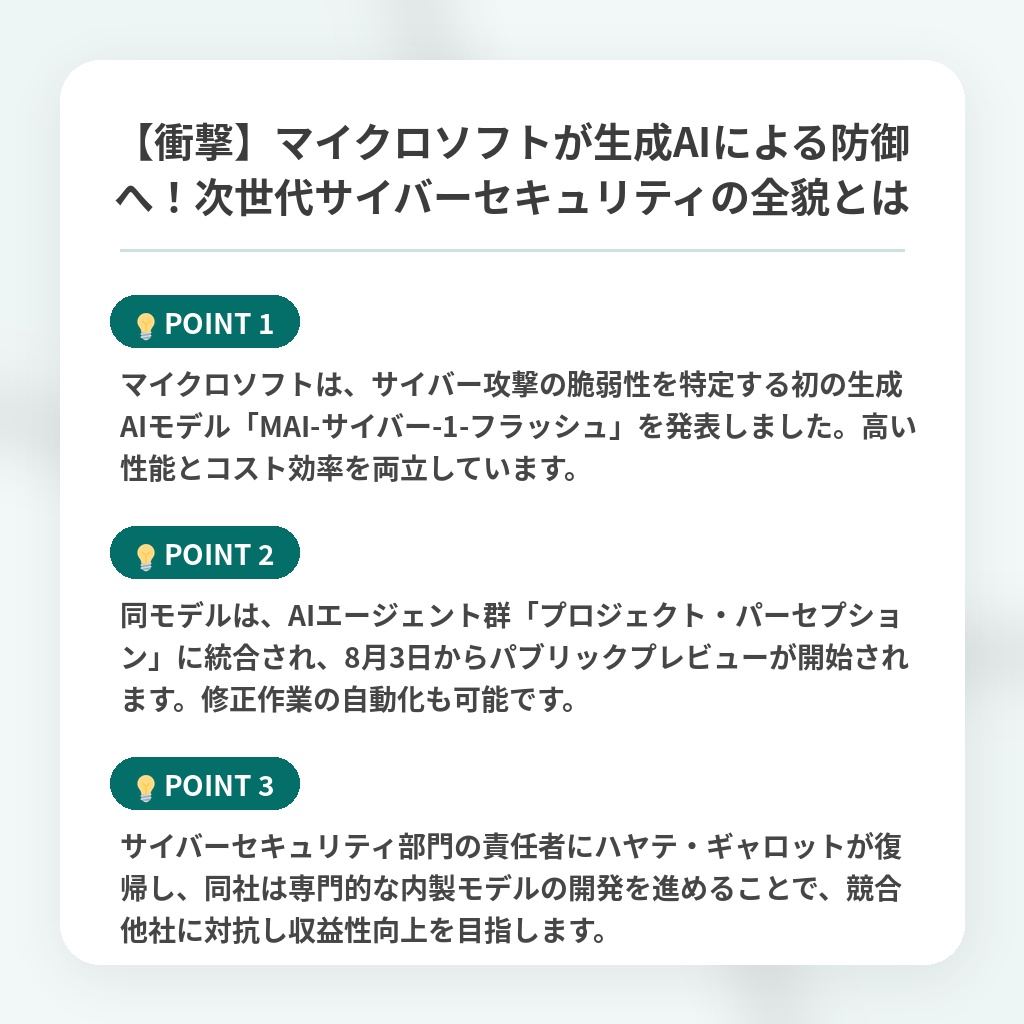 【衝撃】マイクロソフトが生成AIによる防御へ！次世代サイバーセキュリティの全貌とはの注目ポイントまとめ