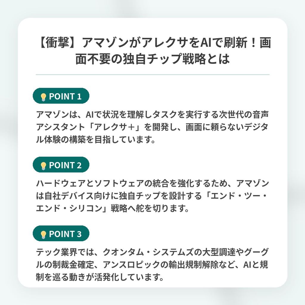 【衝撃】アマゾンがアレクサをAIで刷新!画面不要の独自チップ戦略とはの注目ポイントまとめ