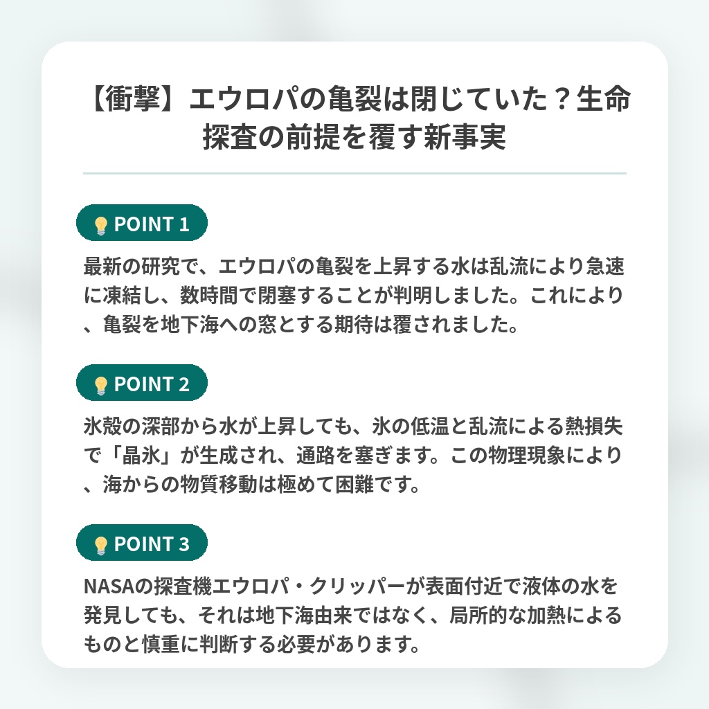 【衝撃】エウロパの亀裂は閉じていた?生命探査の前提を覆す新事実の注目ポイントまとめ