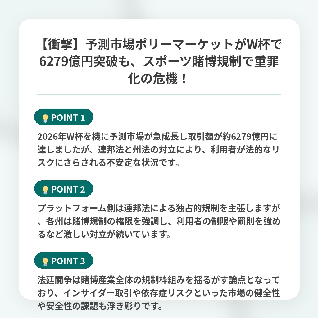 【衝撃】予測市場ポリーマーケットがW杯で6279億円突破も、スポーツ賭博規制で重罪化の危機!の注目ポイントまとめ