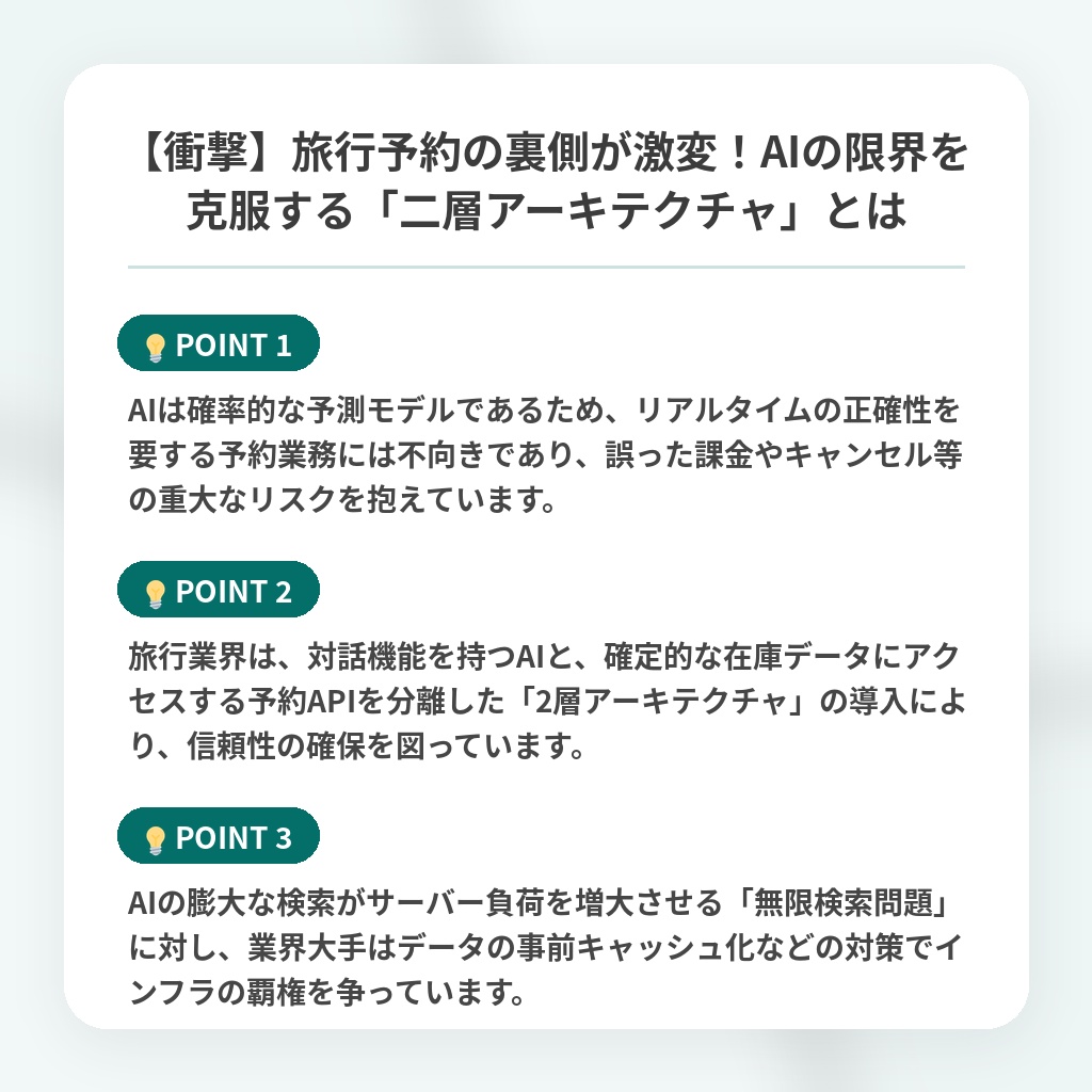 【衝撃】旅行予約の裏側が激変!AIの限界を克服する「二層アーキテクチャ」とはの注目ポイントまとめ