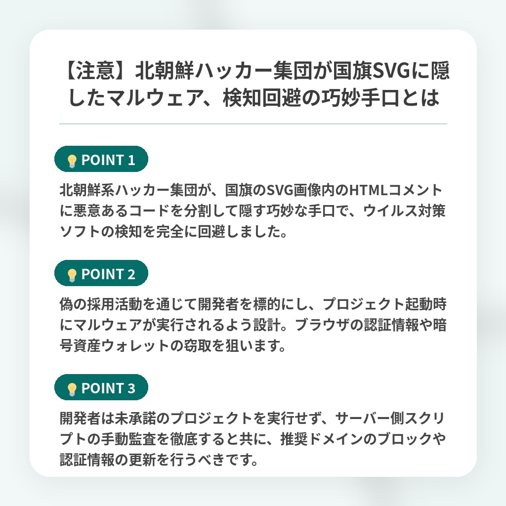 【注意】北朝鮮ハッカー集団が国旗SVGに隠したマルウェア、検知回避の巧妙手口とはの注目ポイントまとめ