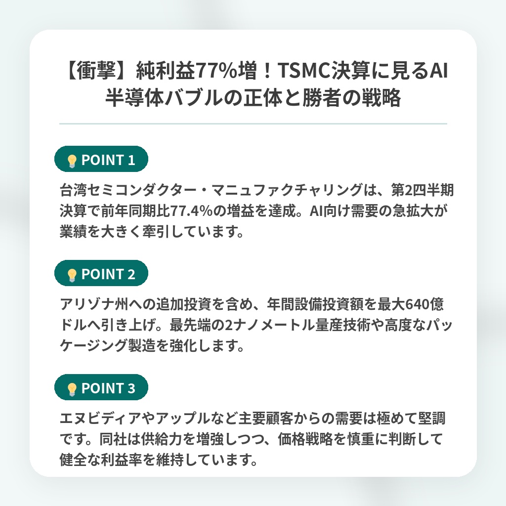 【衝撃】純利益77%増!TSMC決算に見るAI半導体バブルの正体と勝者の戦略の注目ポイントまとめ