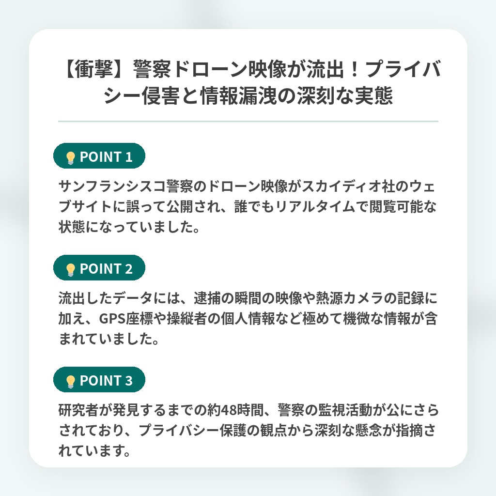 【衝撃】警察ドローン映像が流出!プライバシー侵害と情報漏洩の深刻な実態の注目ポイントまとめ