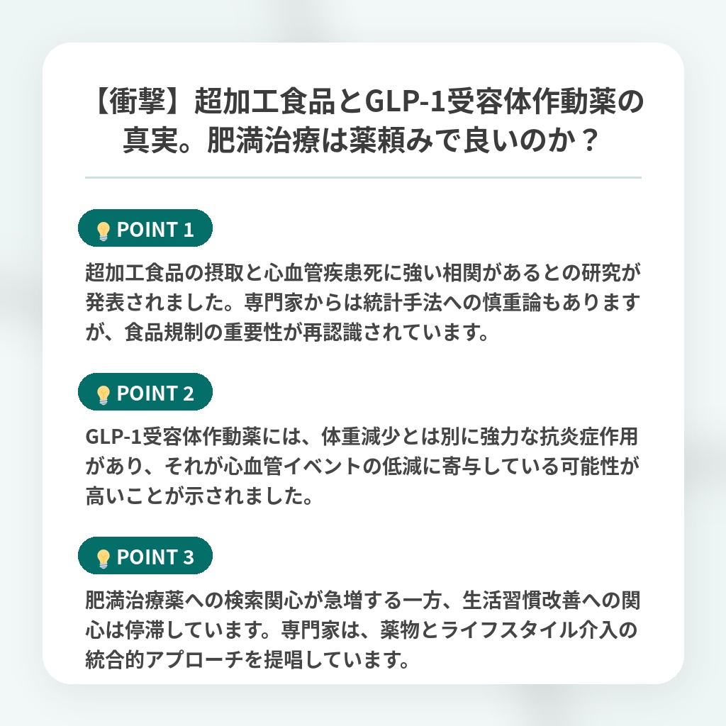 【衝撃】超加工食品とGLP-1受容体作動薬の真実。肥満治療は薬頼みで良いのか？の注目ポイントまとめ
