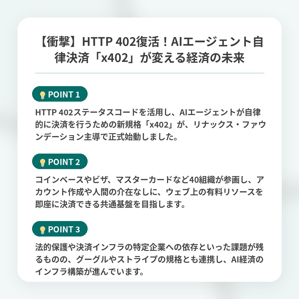 【衝撃】HTTP 402復活!AIエージェント自律決済「x402」が変える経済の未来の注目ポイントまとめ