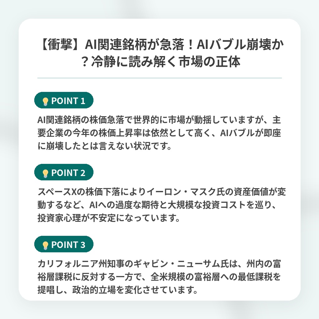 【衝撃】AI関連銘柄が急落！AIバブル崩壊か？冷静に読み解く市場の正体の注目ポイントまとめ