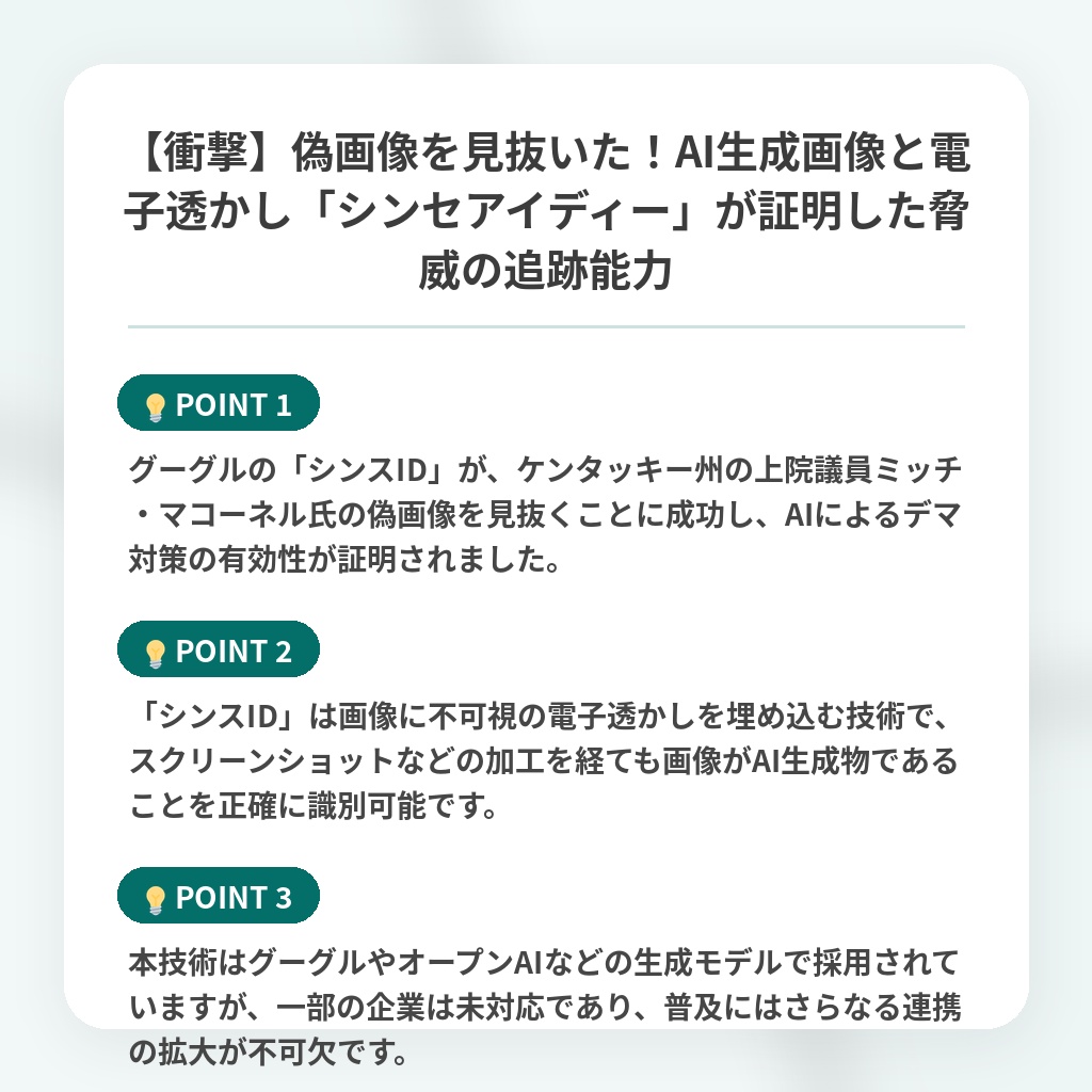 【衝撃】偽画像を見抜いた!AI生成画像と電子透かし「シンセアイディー」が証明した脅威の追跡能力の注目ポイントまとめ