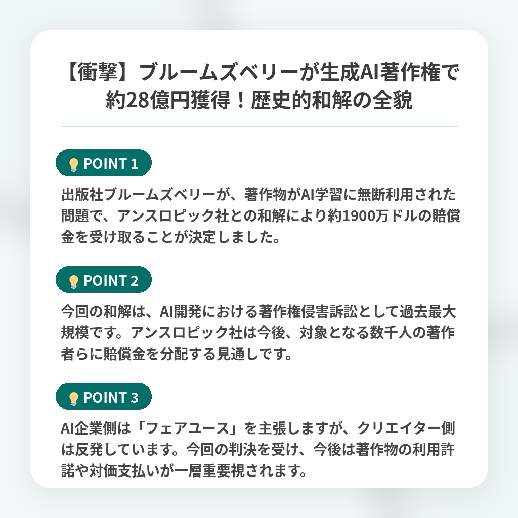 【衝撃】ブルームズベリーが生成AI著作権で約28億円獲得！歴史的和解の全貌の注目ポイントまとめ