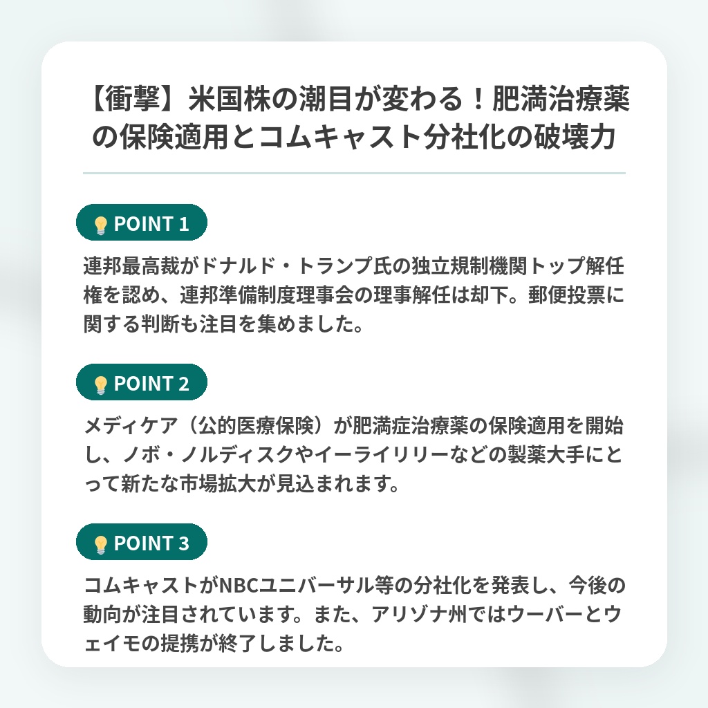 【衝撃】米国株の潮目が変わる！肥満治療薬の保険適用とコムキャスト分社化の破壊力の注目ポイントまとめ