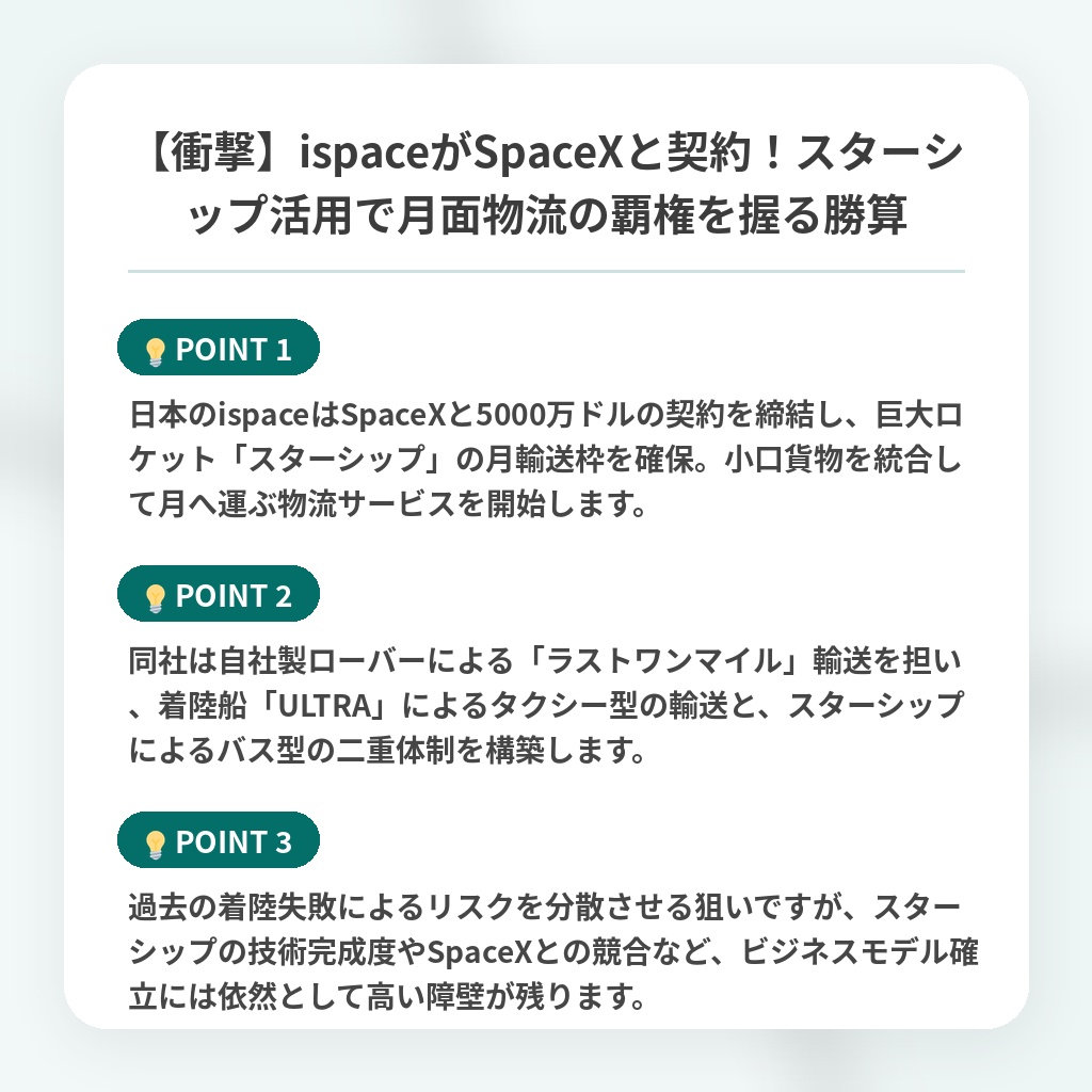 【衝撃】ispaceがSpaceXと契約!スターシップ活用で月面物流の覇権を握る勝算の注目ポイントまとめ