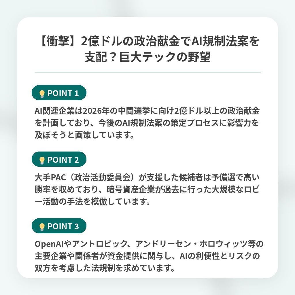 【衝撃】2億ドルの政治献金でAI規制法案を支配?巨大テックの野望の注目ポイントまとめ
