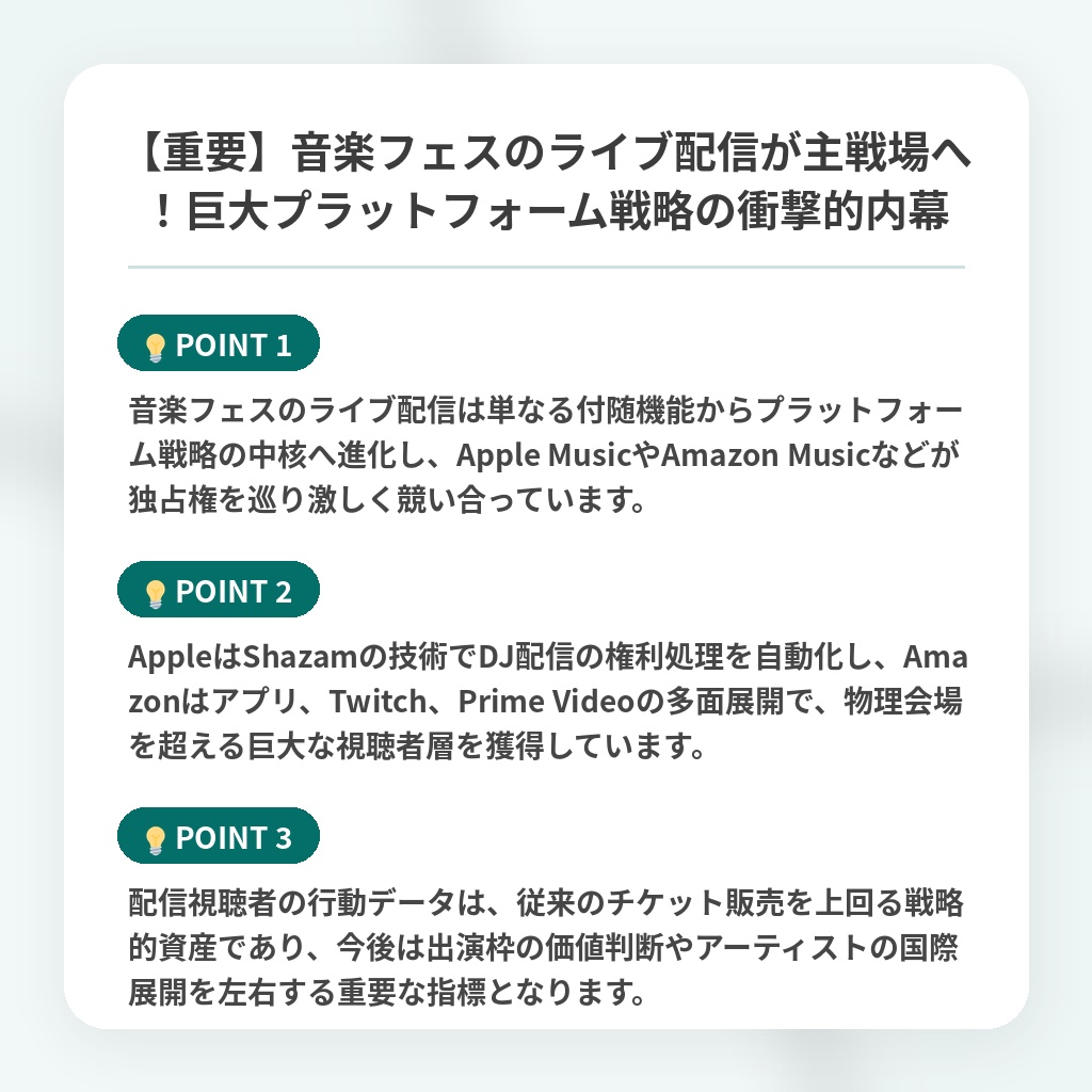 【重要】音楽フェスのライブ配信が主戦場へ!巨大プラットフォーム戦略の衝撃的内幕の注目ポイントまとめ