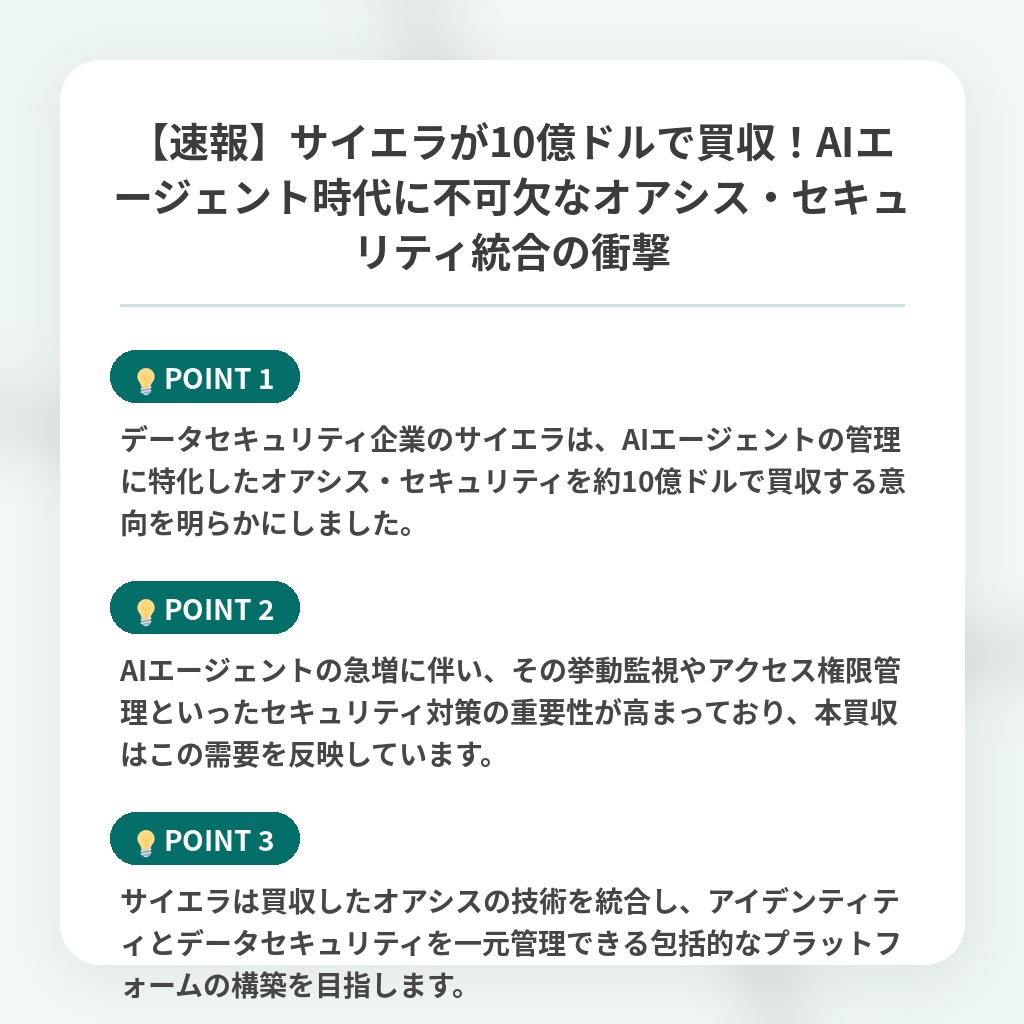 【速報】サイエラが10億ドルで買収!AIエージェント時代に不可欠なオアシス・セキュリティ統合の衝撃の注目ポイントまとめ