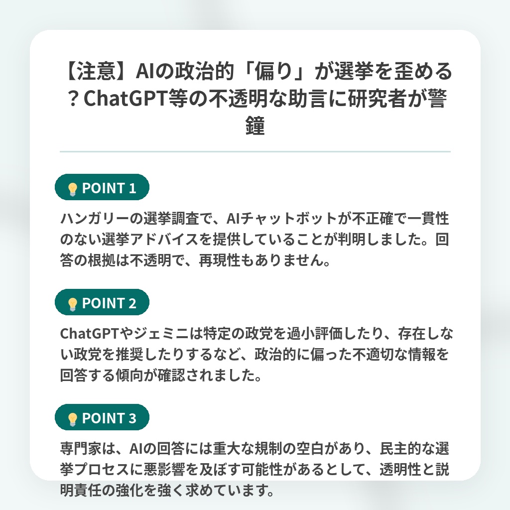 【注意】AIの政治的「偏り」が選挙を歪める?ChatGPT等の不透明な助言に研究者が警鐘の注目ポイントまとめ