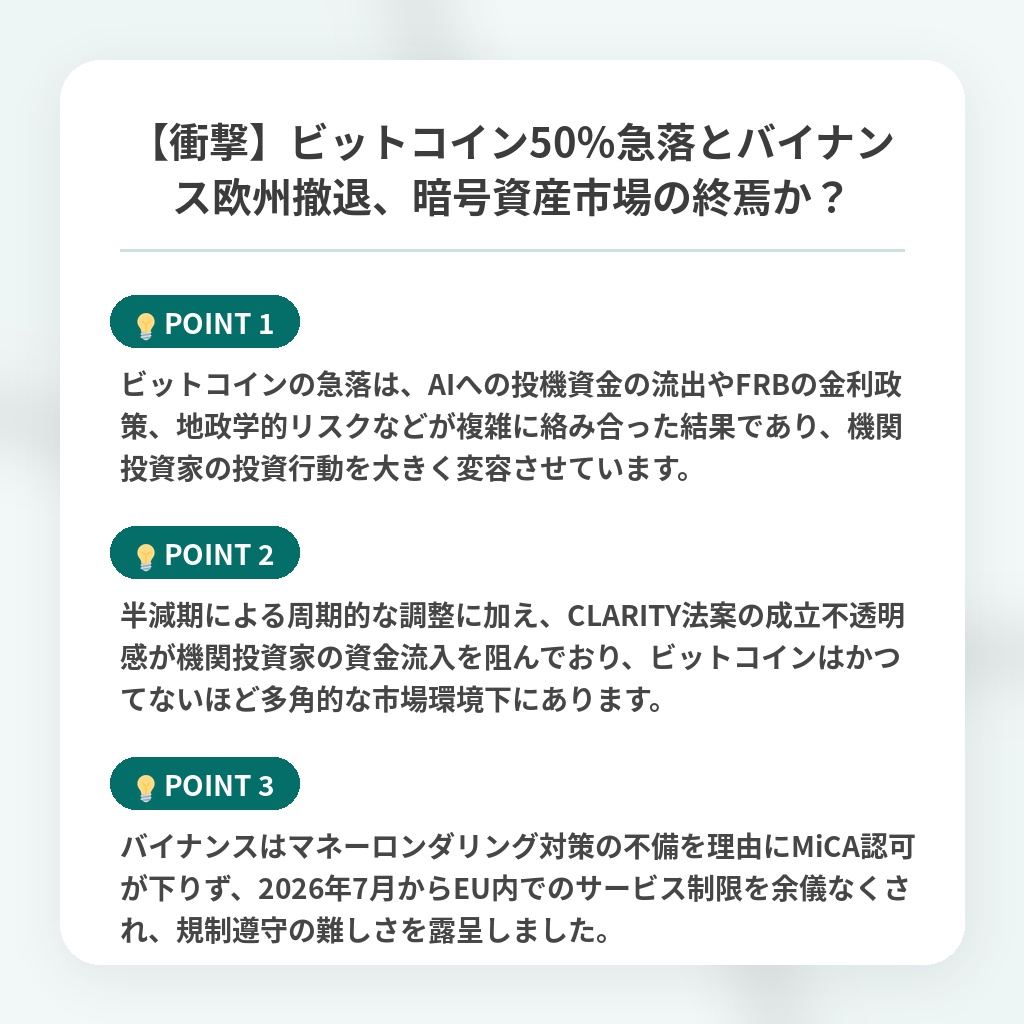 【衝撃】ビットコイン50%急落とバイナンス欧州撤退、暗号資産市場の終焉か?の注目ポイントまとめ