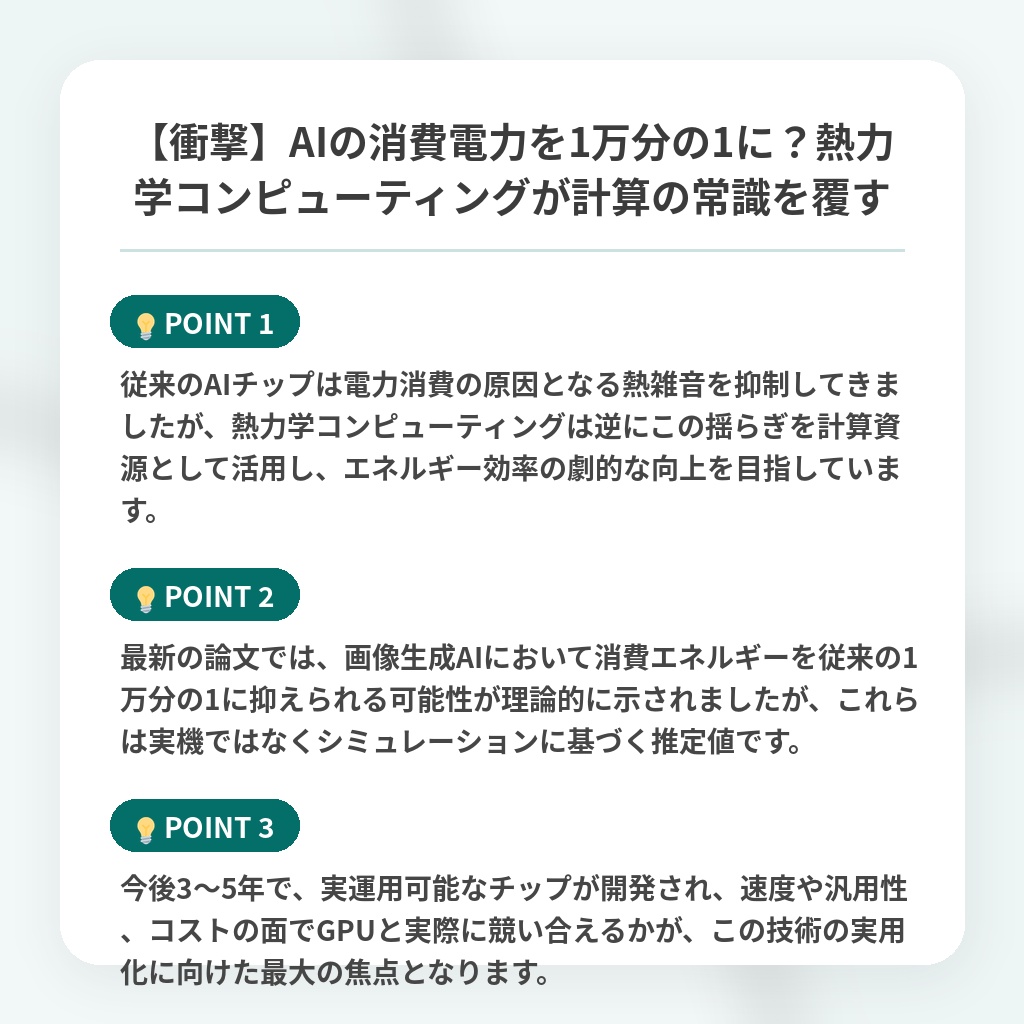 【衝撃】AIの消費電力を1万分の1に?熱力学コンピューティングが計算の常識を覆すの注目ポイントまとめ