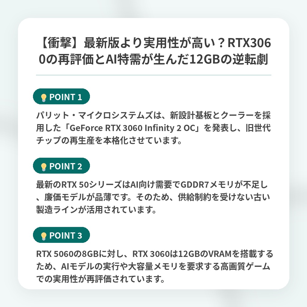【衝撃】最新版より実用性が高い?RTX3060の再評価とAI特需が生んだ12GBの逆転劇の注目ポイントまとめ