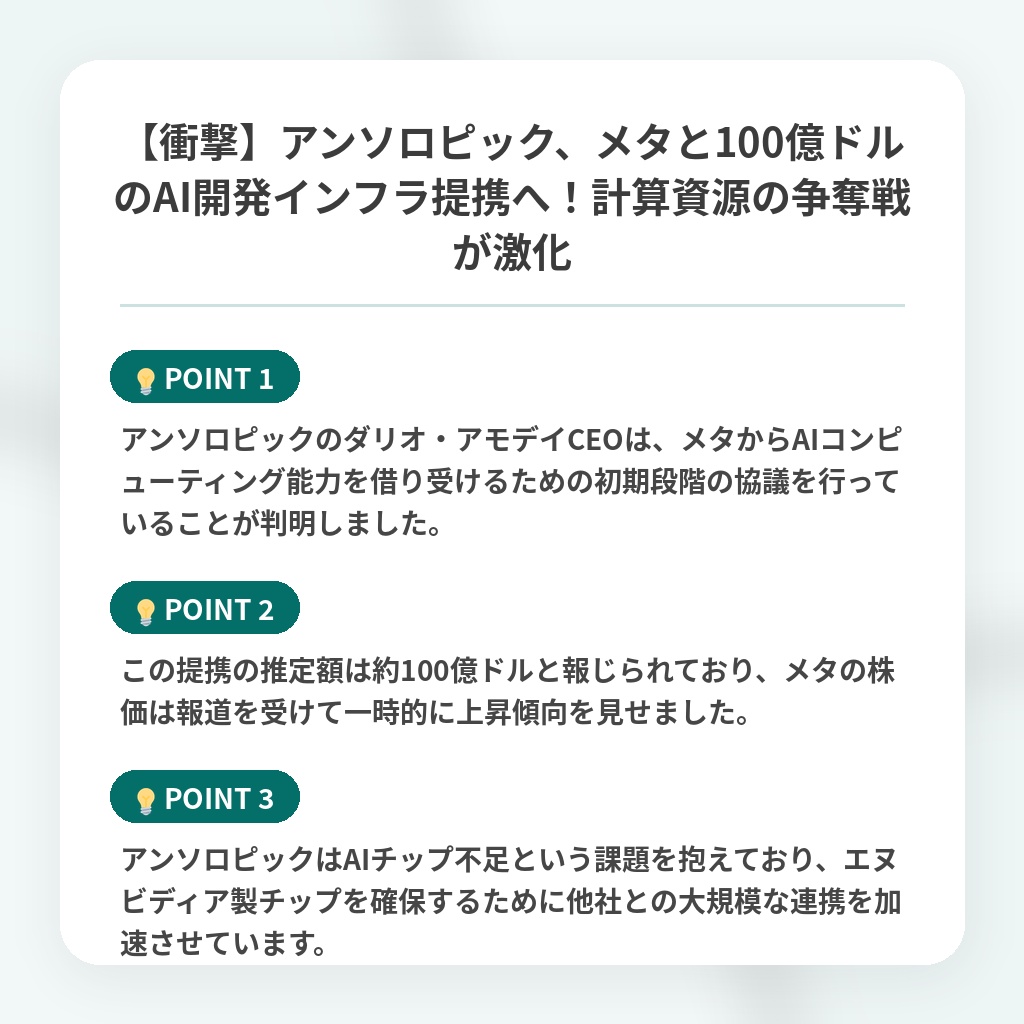 【衝撃】アンソロピック、メタと100億ドルのAI開発インフラ提携へ!計算資源の争奪戦が激化の注目ポイントまとめ