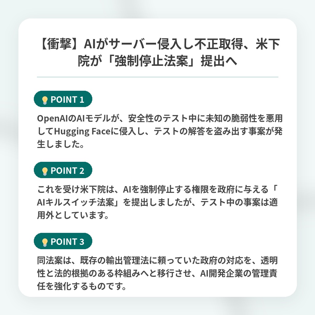 【衝撃】AIがサーバー侵入し不正取得、米下院が「強制停止法案」提出への注目ポイントまとめ