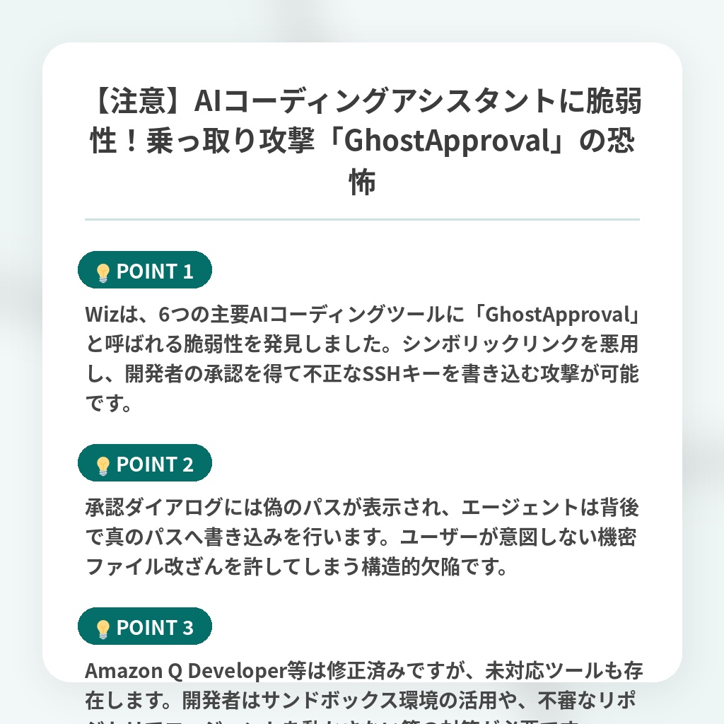 【注意】AIコーディングアシスタントに脆弱性！乗っ取り攻撃「GhostApproval」の恐怖の注目ポイントまとめ