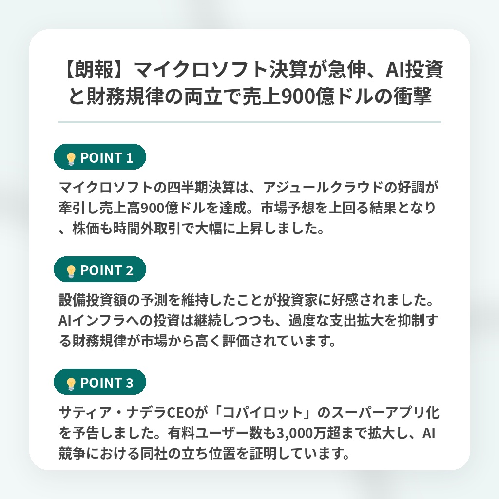 【朗報】マイクロソフト決算が急伸、AI投資と財務規律の両立で売上900億ドルの衝撃の注目ポイントまとめ