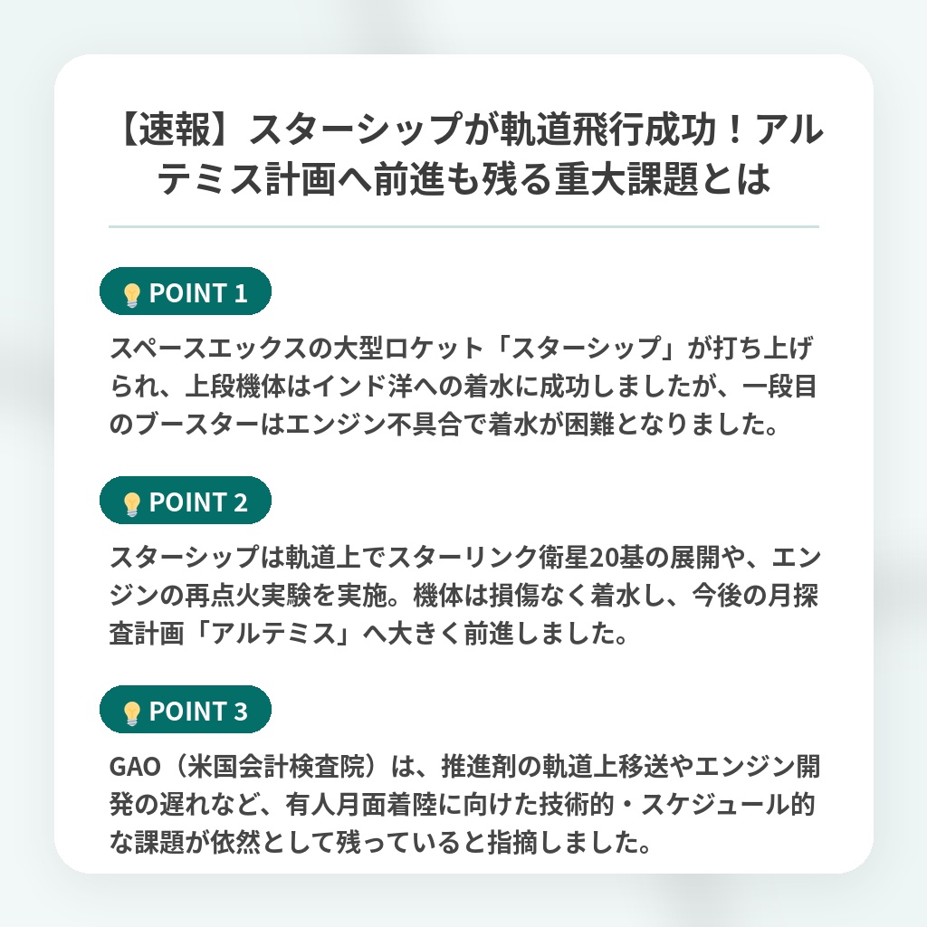 【速報】スターシップが軌道飛行成功!アルテミス計画へ前進も残る重大課題とはの注目ポイントまとめ