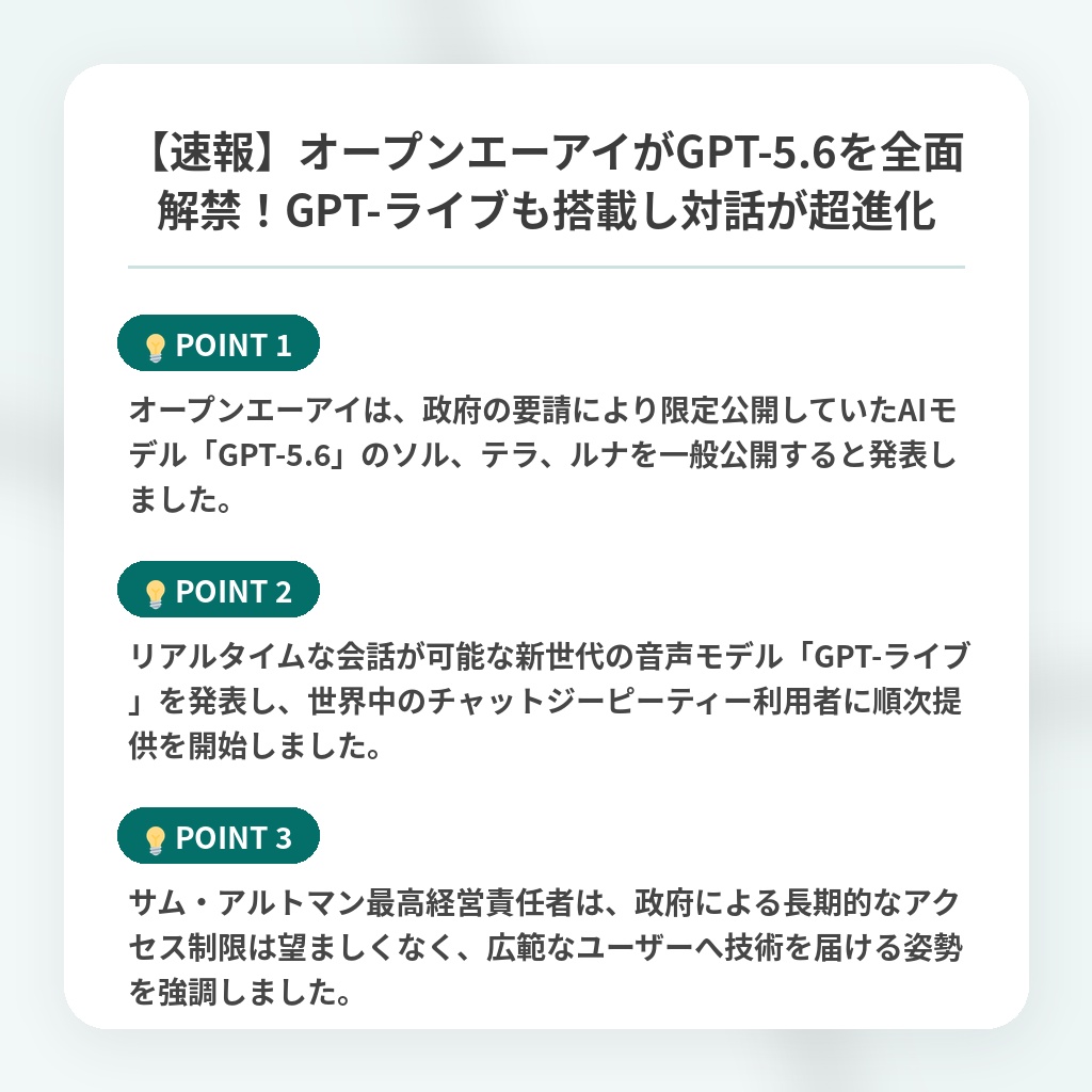 【速報】オープンエーアイがGPT-5.6を全面解禁!GPT-ライブも搭載し対話が超進化の注目ポイントまとめ