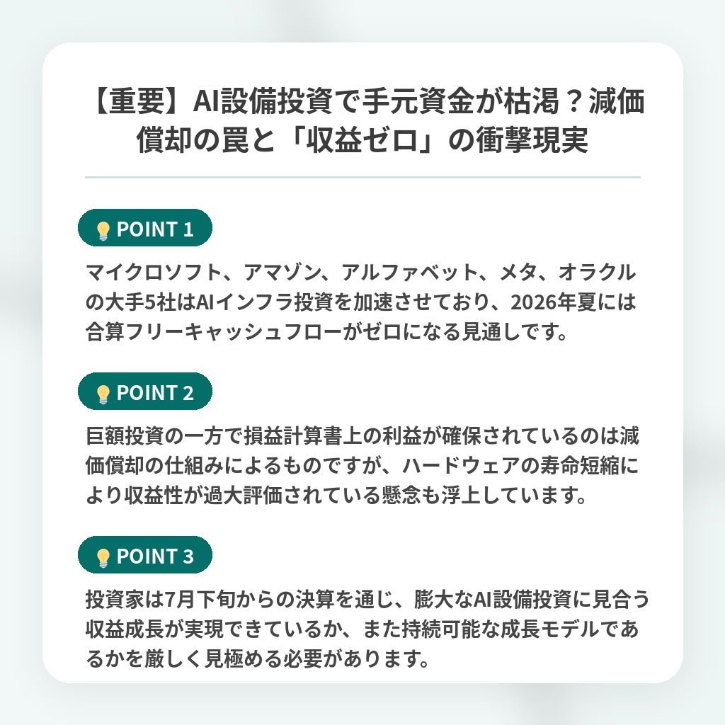 【重要】AI設備投資で手元資金が枯渇？減価償却の罠と「収益ゼロ」の衝撃現実の注目ポイントまとめ