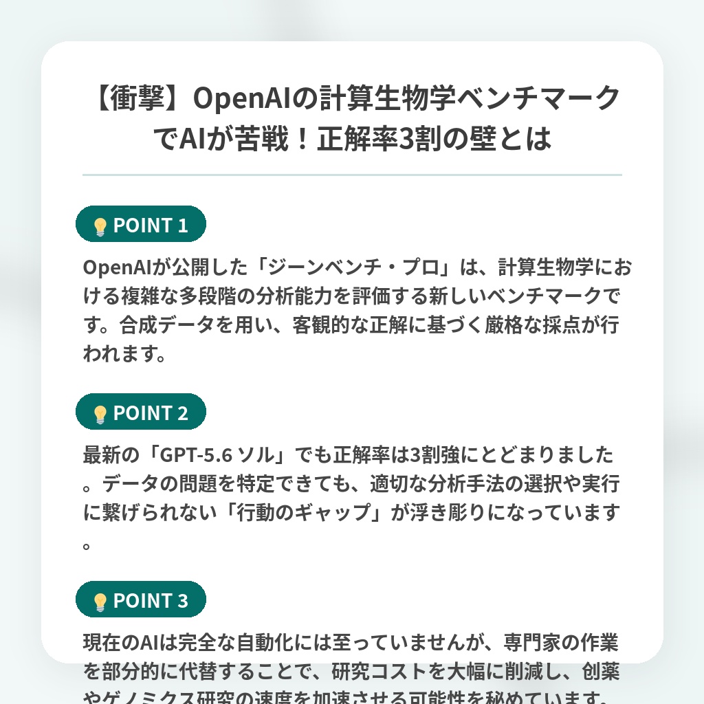 【衝撃】OpenAIの計算生物学ベンチマークでAIが苦戦!正解率3割の壁とはの注目ポイントまとめ