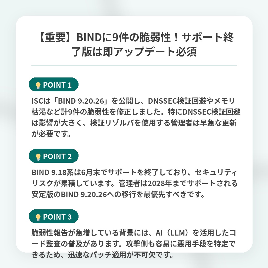 【重要】BINDに9件の脆弱性!サポート終了版は即アップデート必須の注目ポイントまとめ