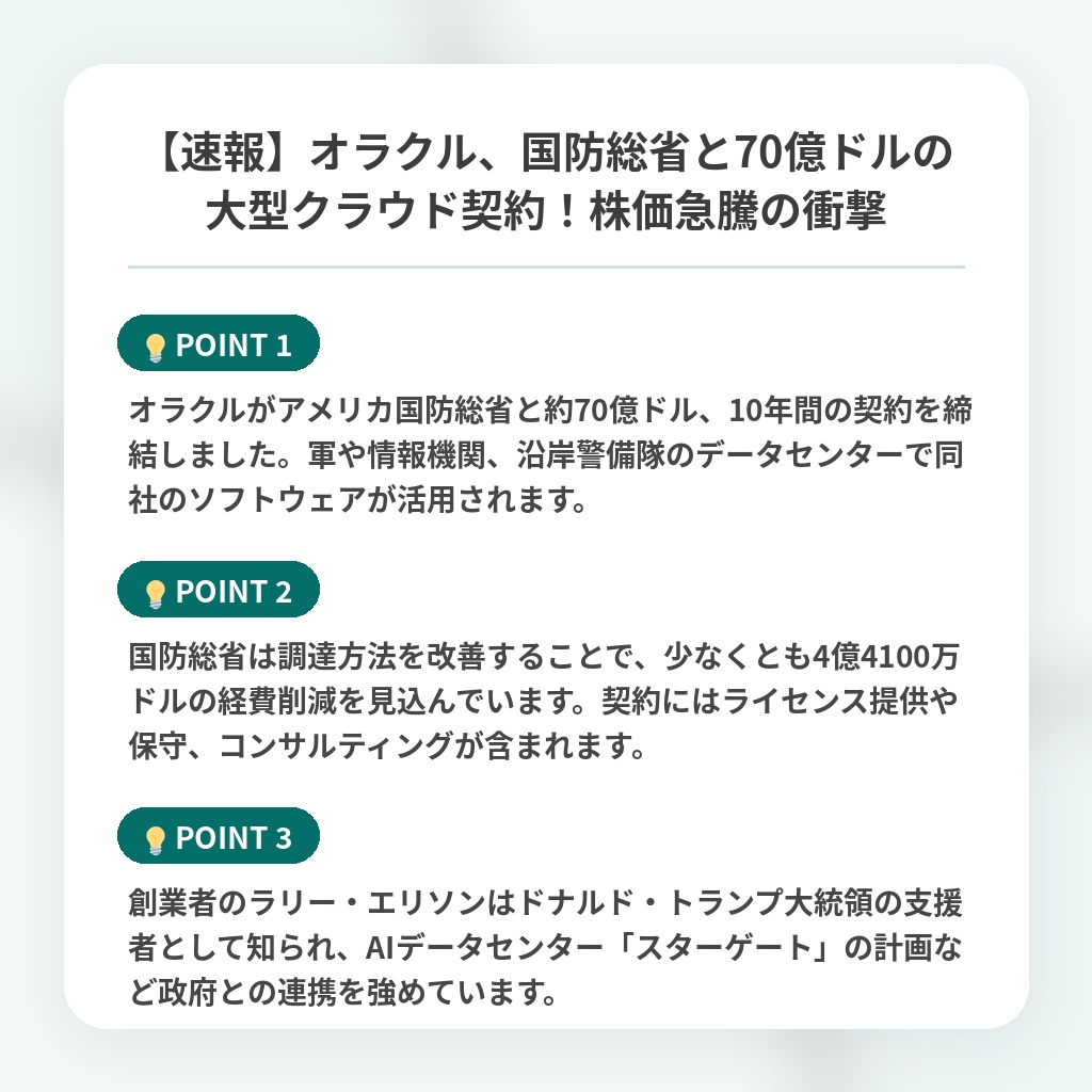 【速報】オラクル、国防総省と70億ドルの大型クラウド契約！株価急騰の衝撃の注目ポイントまとめ