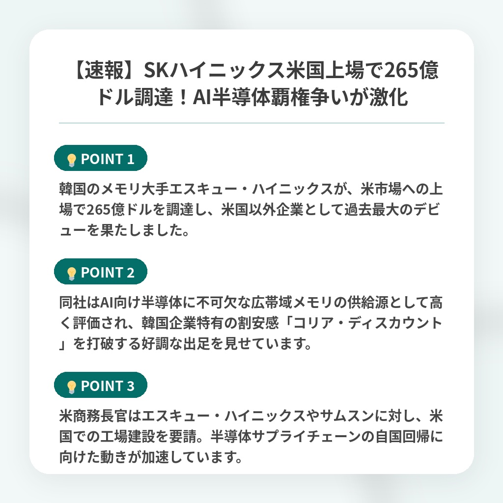 【速報】SKハイニックス米国上場で265億ドル調達!AI半導体覇権争いが激化の注目ポイントまとめ