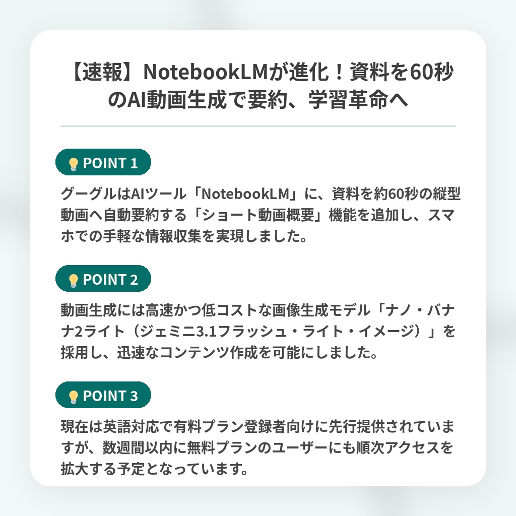 【速報】NotebookLMが進化!資料を60秒のAI動画生成で要約、学習革命への注目ポイントまとめ